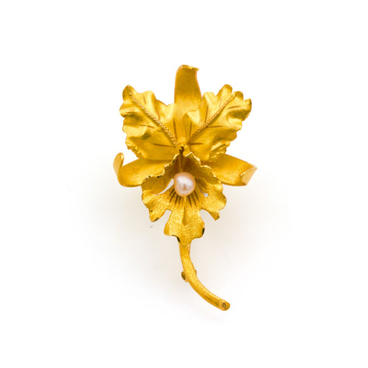 22K Yellow Gold and Freshwater Pearl Orchid Pin