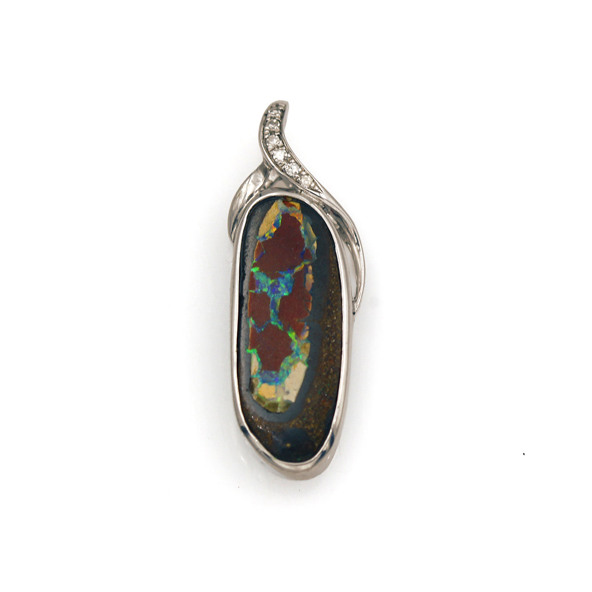 Sterling Silver Boulder Opal and Diamond Pendant