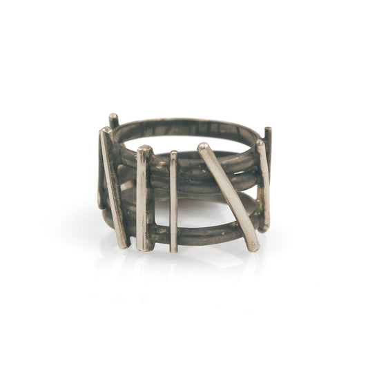 Sterling Silver Oxidized Tri-Band and Polished Wire Ring