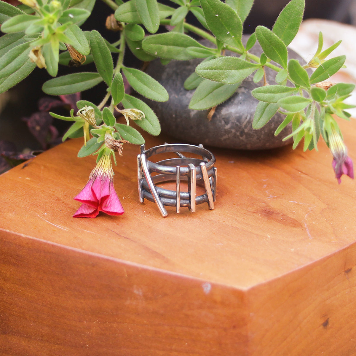 Sterling Silver Oxidized Tri-Band and Polished Wire Ring
