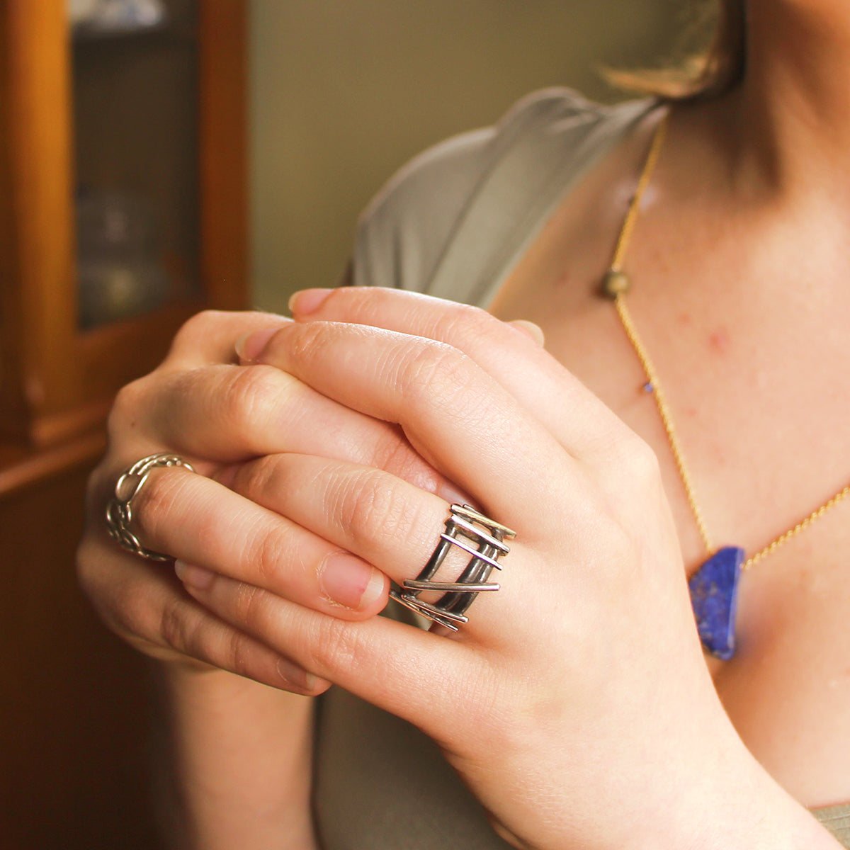 Sterling Silver Oxidized Tri-Band and Polished Wire Ring