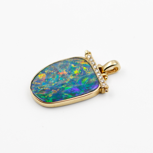 14K Yellow Gold Opal and Diamond Pendant