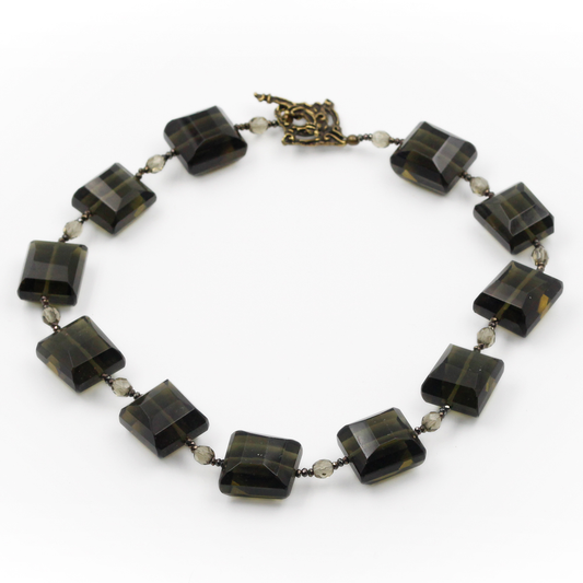 Geometric Smoky Quartz and Pyrite Bead Necklace