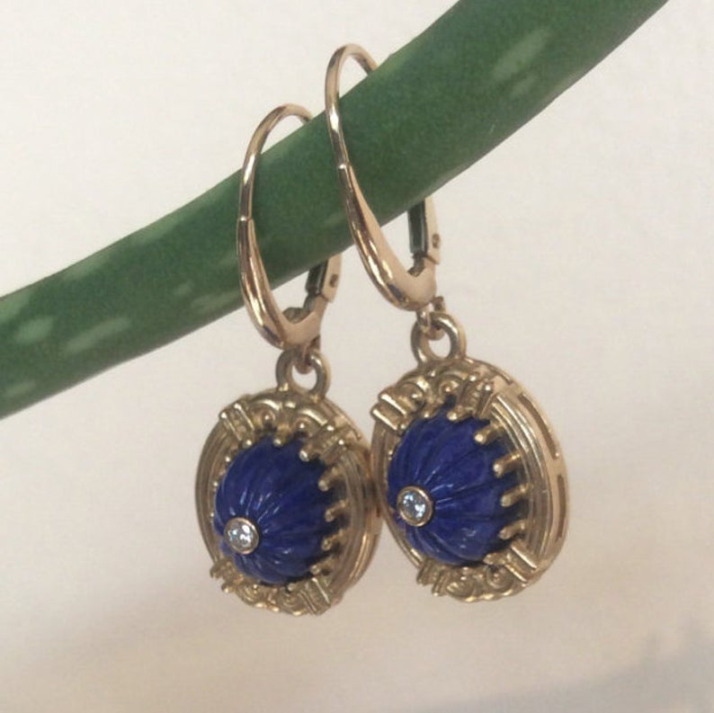 14K Yellow Gold, Lapis Lazuli, and Diamond Earrings