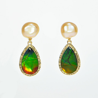 Baksa 14K Yellow Gold Freshwater Pearl and Ammolite Earrings