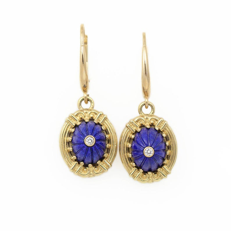 14K Yellow Gold, Lapis Lazuli, and Diamond Earrings