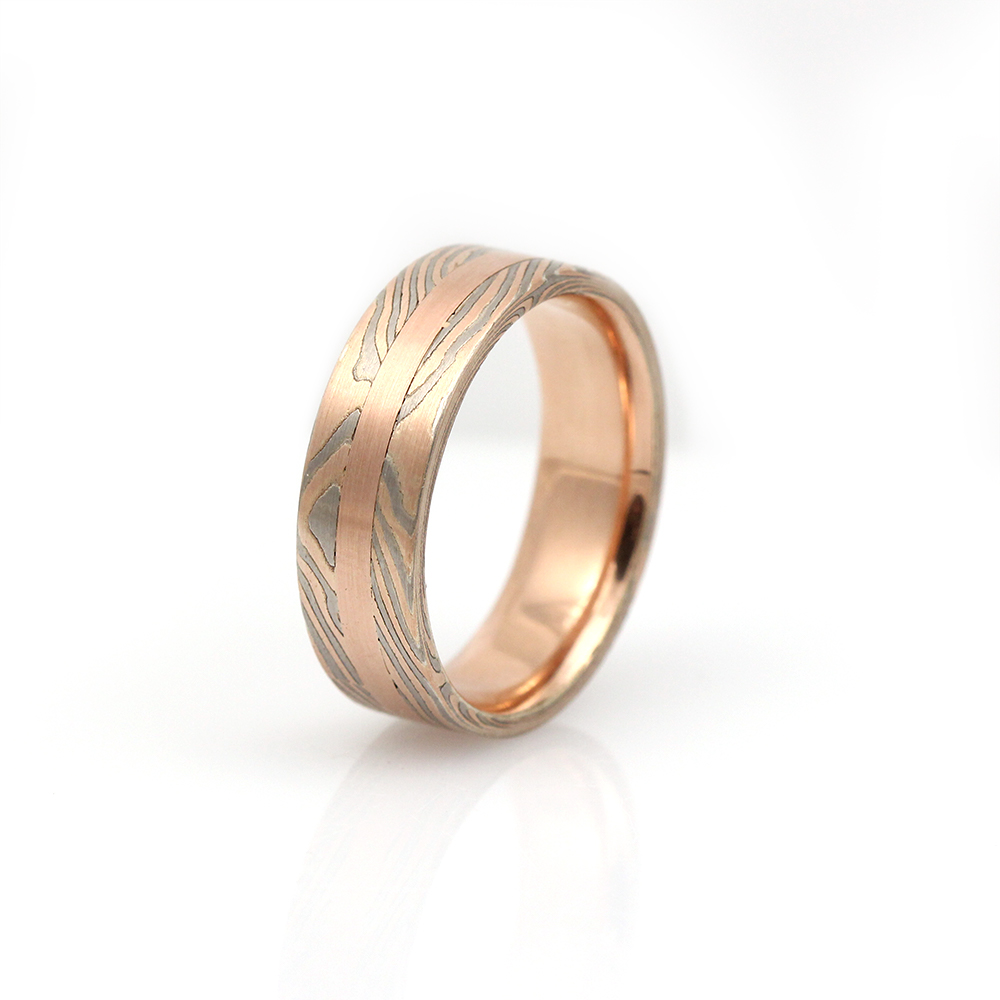 Chris Ploof 14K Red Gold, White Gold and Silver Mokume Gane Birch Band