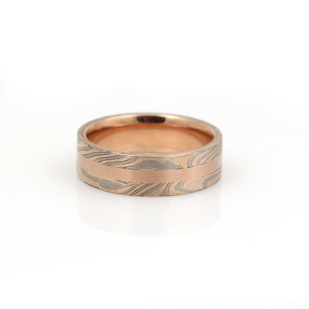 Chris Ploof 14K Red Gold, White Gold and Silver Mokume Gane Birch Band