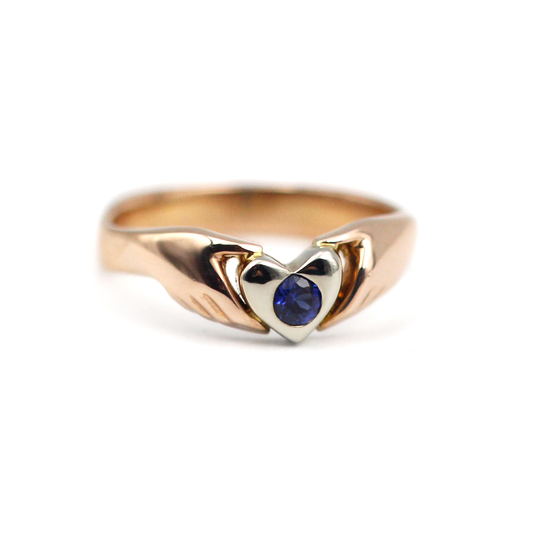 14K Rose and White Gold Claddagh Ring with Sapphire