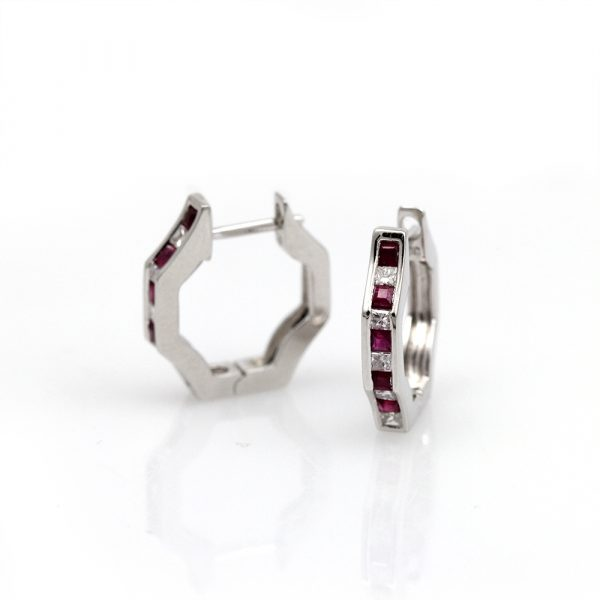 Architectural Ruby and Diamond Huggie Earrings