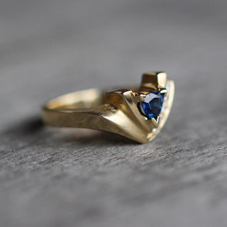 Retro 14K Yellow Gold, Trillion Sapphire, and Diamond Ring