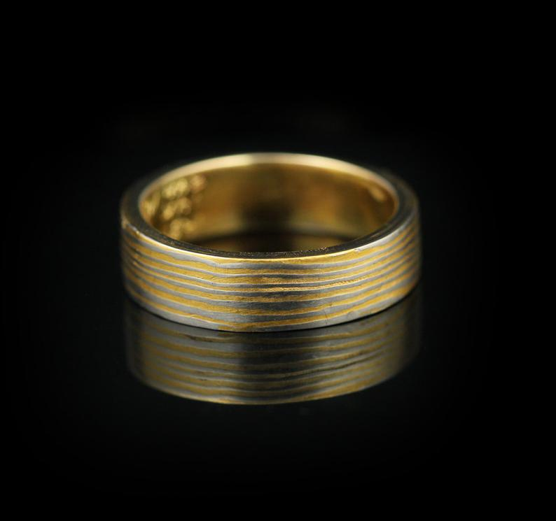 Platinum, 24K and 14K Yellow Gold Mokume Gane Ring