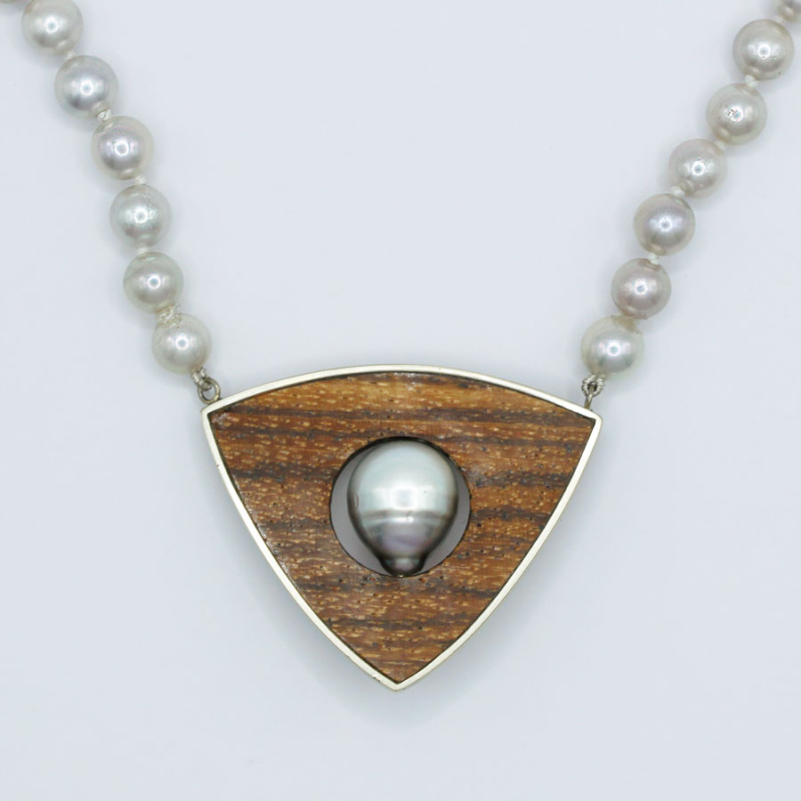 14K White Gold, Wood and Grey Cultured Pearl Necklace