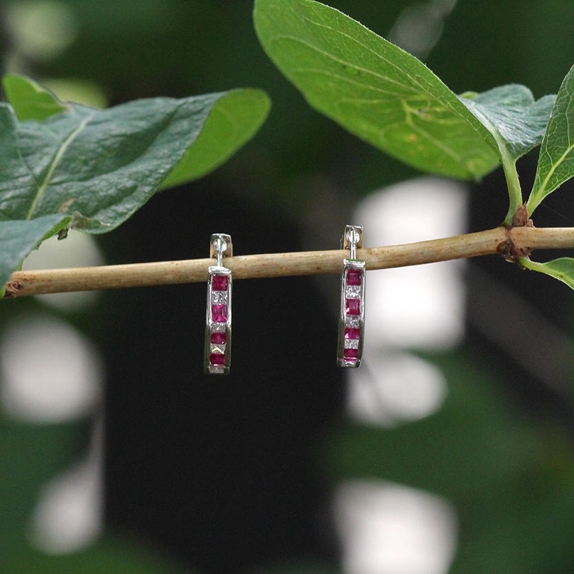 Architectural Ruby and Diamond Huggie Earrings