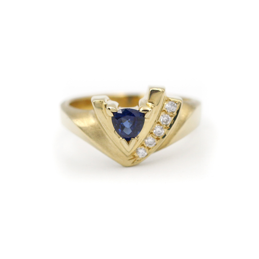 Retro 14K Yellow Gold, Trillion Sapphire, and Diamond Ring