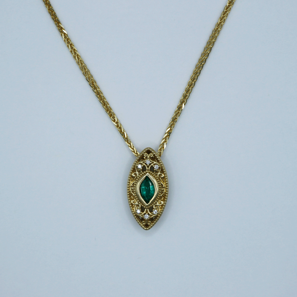 14K Yellow Gold Emerald and Diamond Slide Pendant