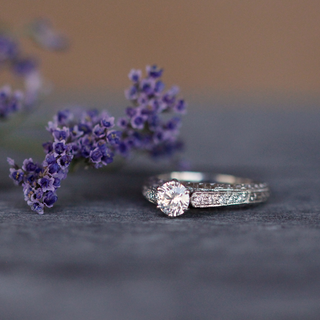 14K White Gold and Diamond Ring with Engraved Details