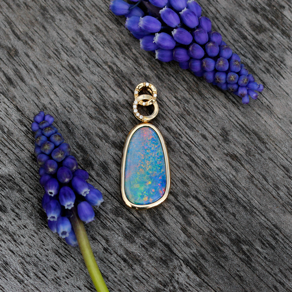 14K Yellow Gold Opal Doublet and Diamond Pendant