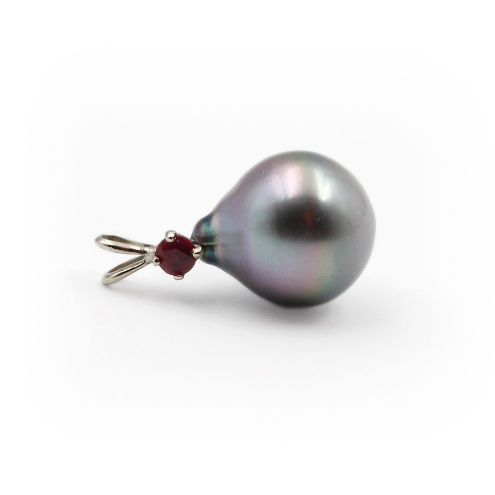 MOROKA 14K White Gold Tahitian Pearl and Ruby Pendant