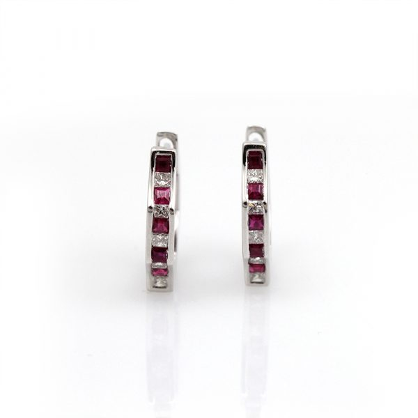 Architectural Ruby and Diamond Huggie Earrings